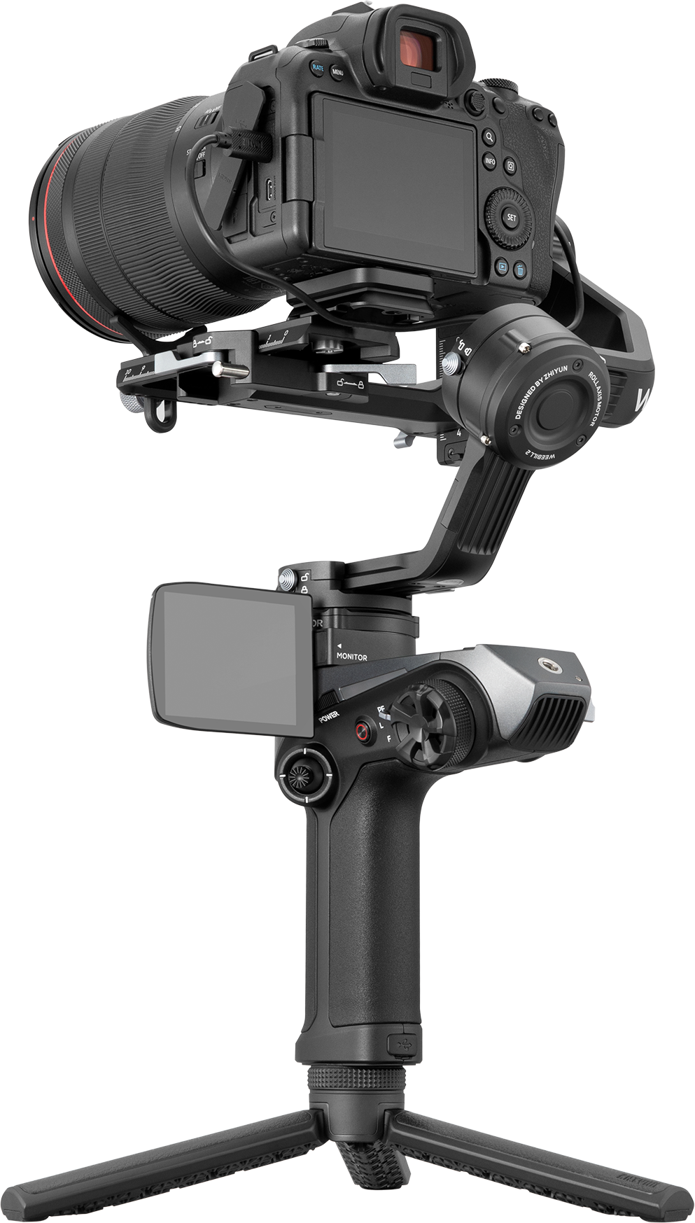 Eine Kamera auf einem Gimbal mit einem Stativ, alles vor schwarzem Hintergrund.