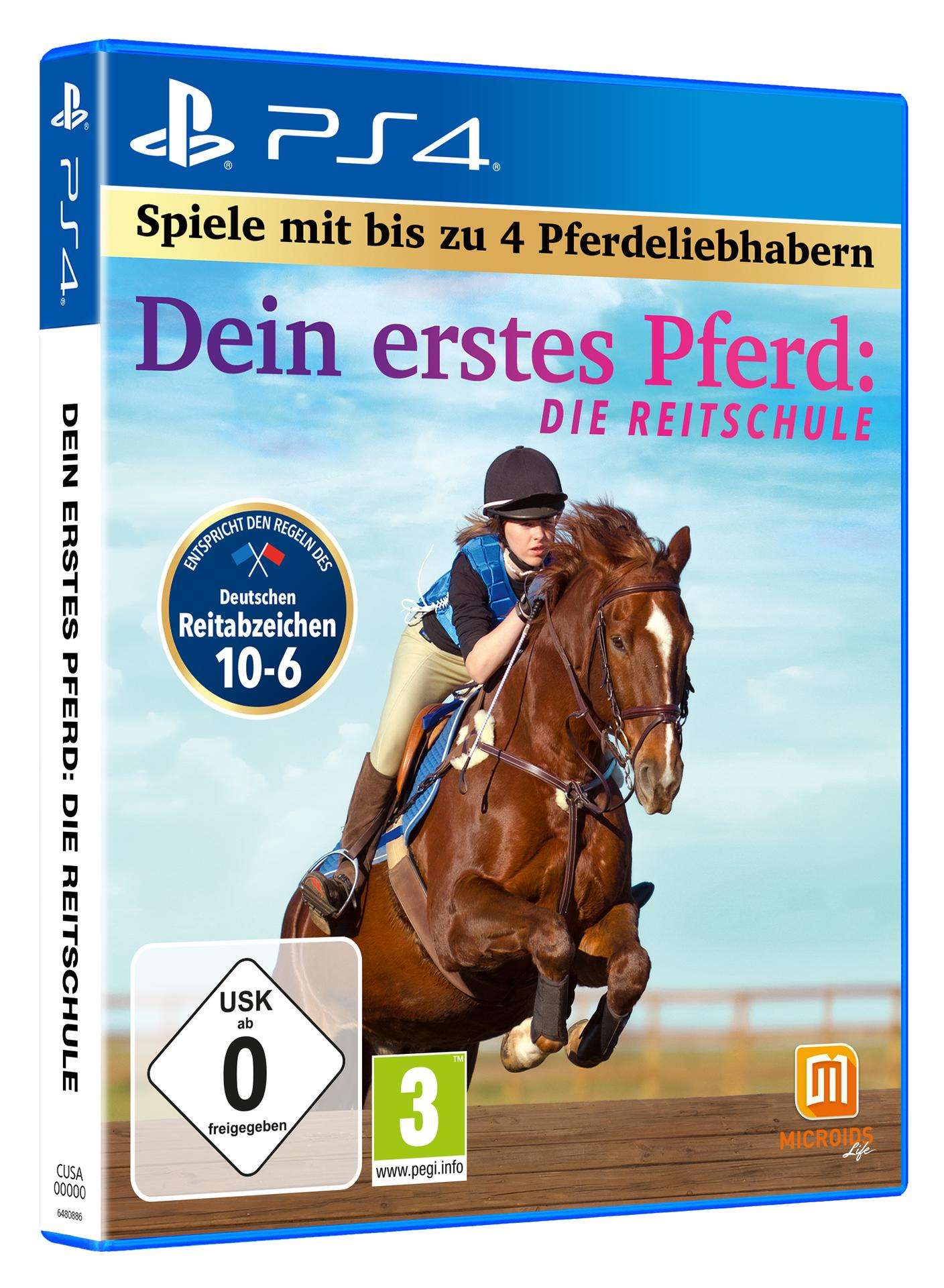 PS4-Spielbox mit Reitthema. Ein Mädchen reitet auf einem braunen Pferd. Deutscher Text.