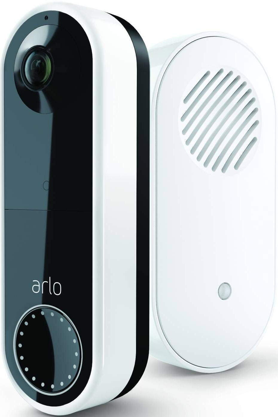 Sonnette Arlo blanche et noire avec caméra et haut-parleur sur fond blanc.
