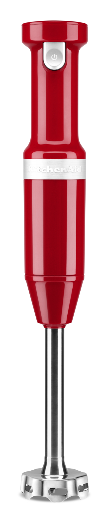 Ein roter KitchenAid-Handmixer mit silberner Mixwelle und einem Power-Knopf.