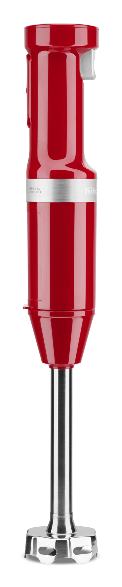 Roter Stabmixer mit Edelstahlklinge. Weißer Hintergrund.