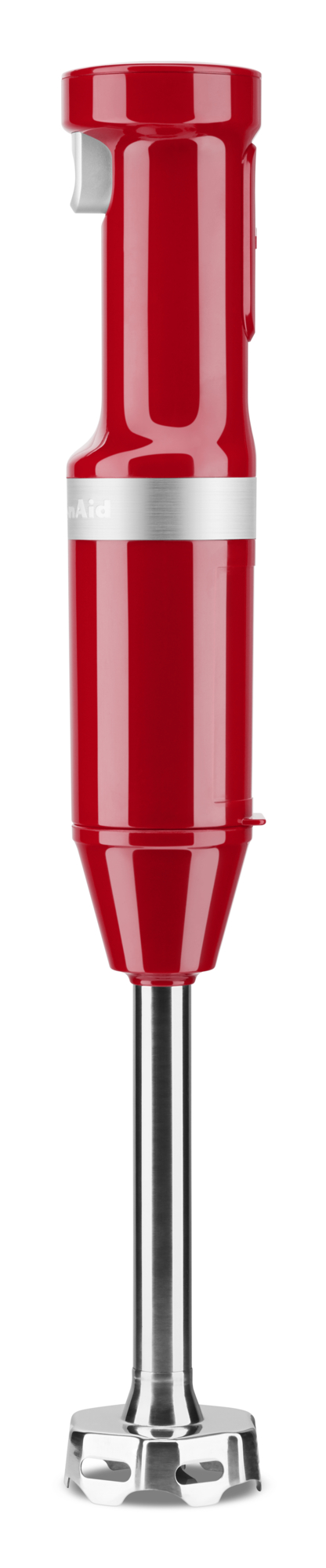 Ein roter KitchenAid-Stabmixer mit silbernem Band und Edelstahlklinge.