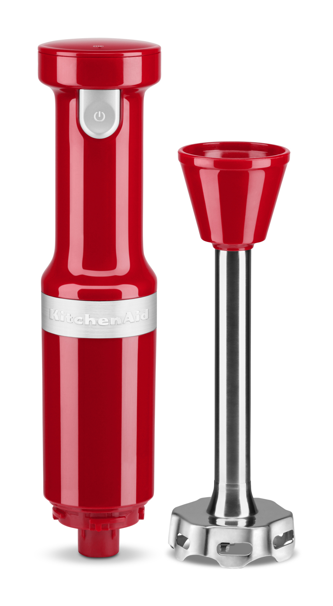Roter KitchenAid Stabmixer und abnehmbarer Mixarm, auf weißem Hintergrund.