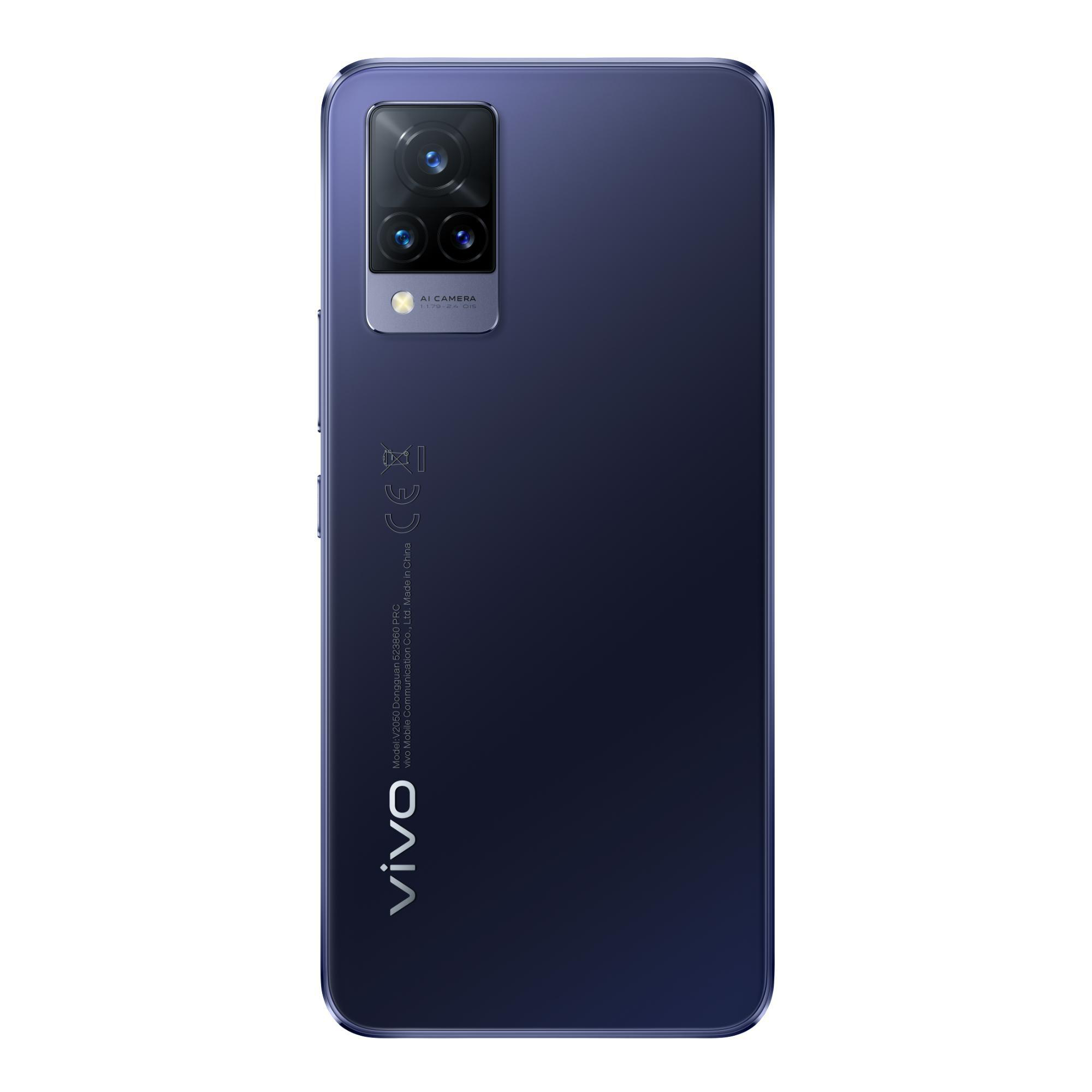Rückseite eines lila Vivo-Telefons mit Kameras und Logos. Es gibt drei Kameras und den Markennamen.