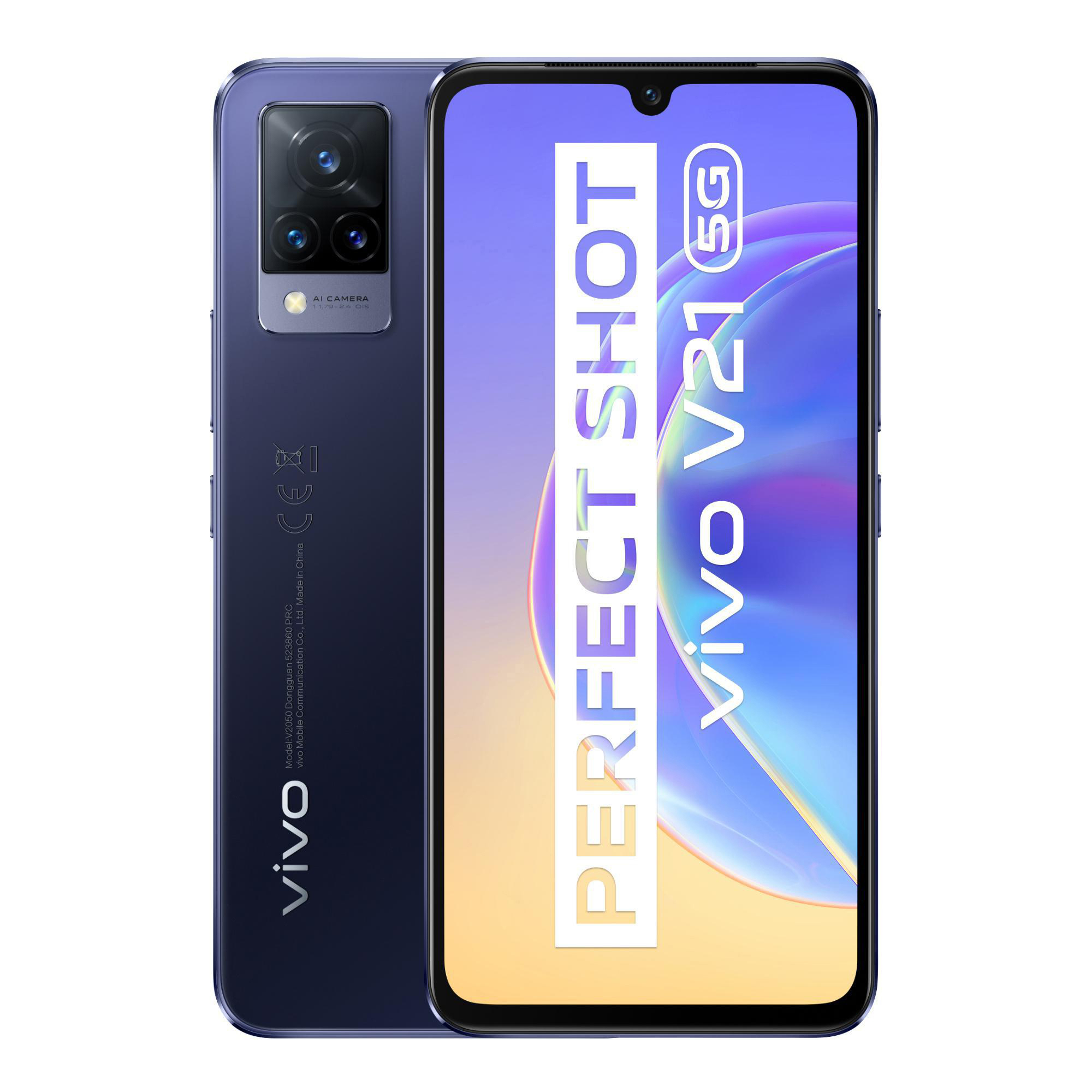 Blaues Smartphone, Dual-Kameras hinten, Bildschirm vorne. Der Text lautet: Perfect Shot Vivo V21 5G.
