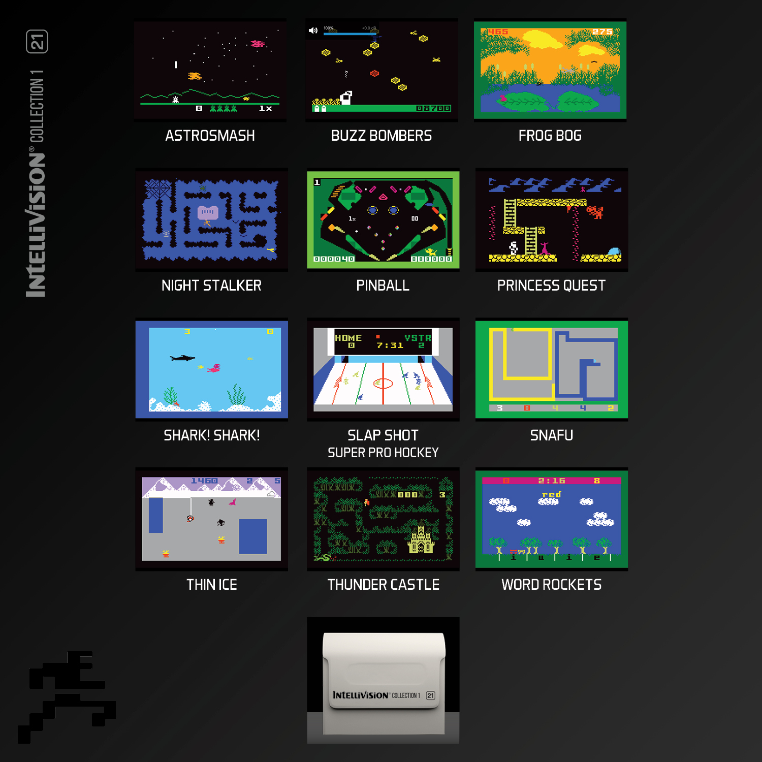 Eine Sammlung von 12 Retro-Videospielbildschirmen aus der Intellivision Collection 21.