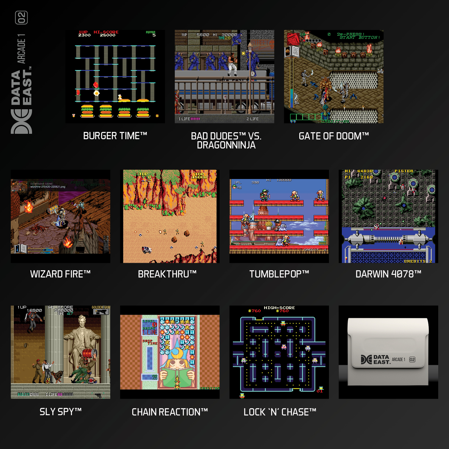 Neun Retro-Videospielbildschirme, darunter Burger Time und Bad Dudes vs Dragonninja.