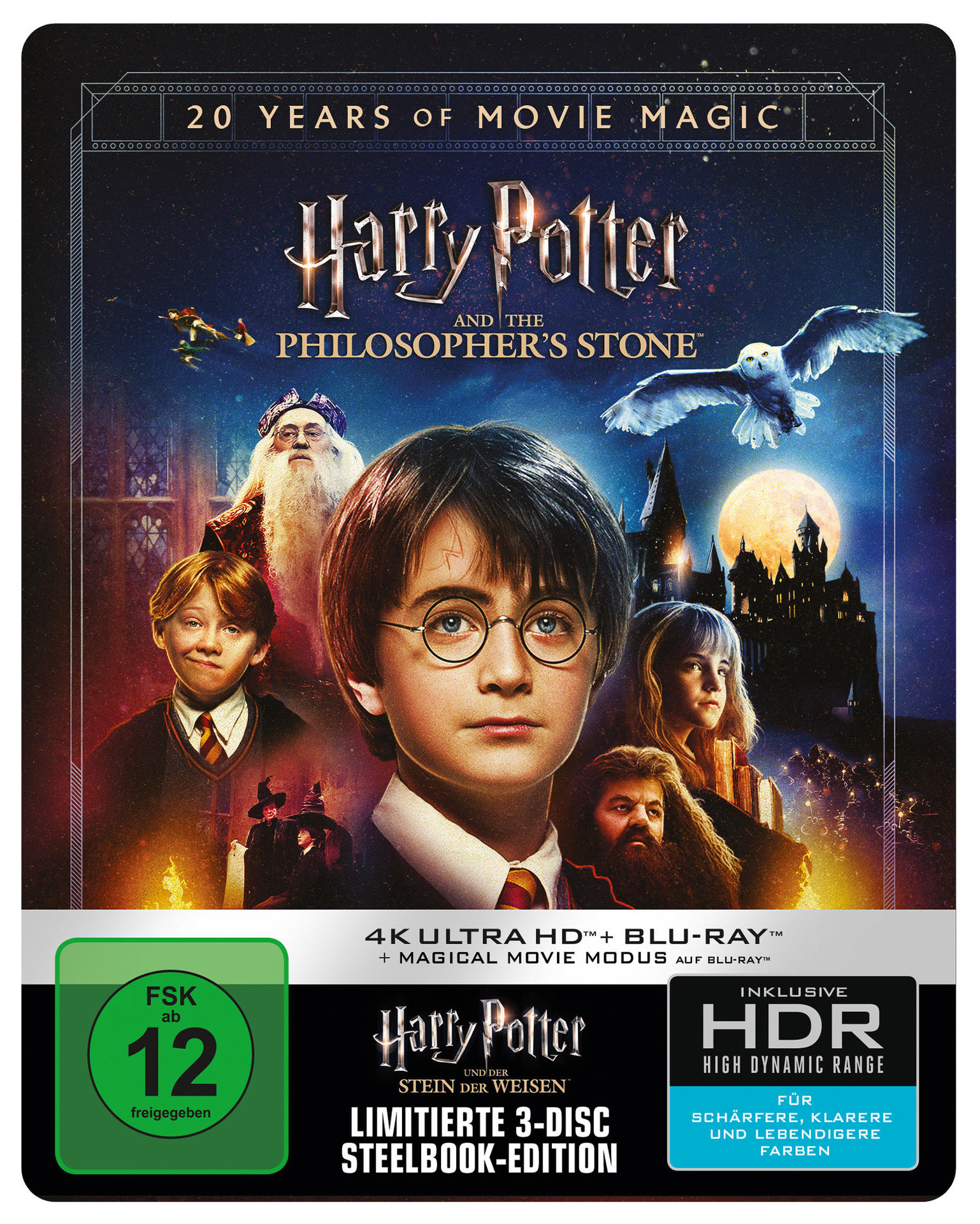 Harry-Potter-Filmcover: Harry, Eule, Dumbledore, Ron, Hermine, Hagrid, Hogwarts und Text.