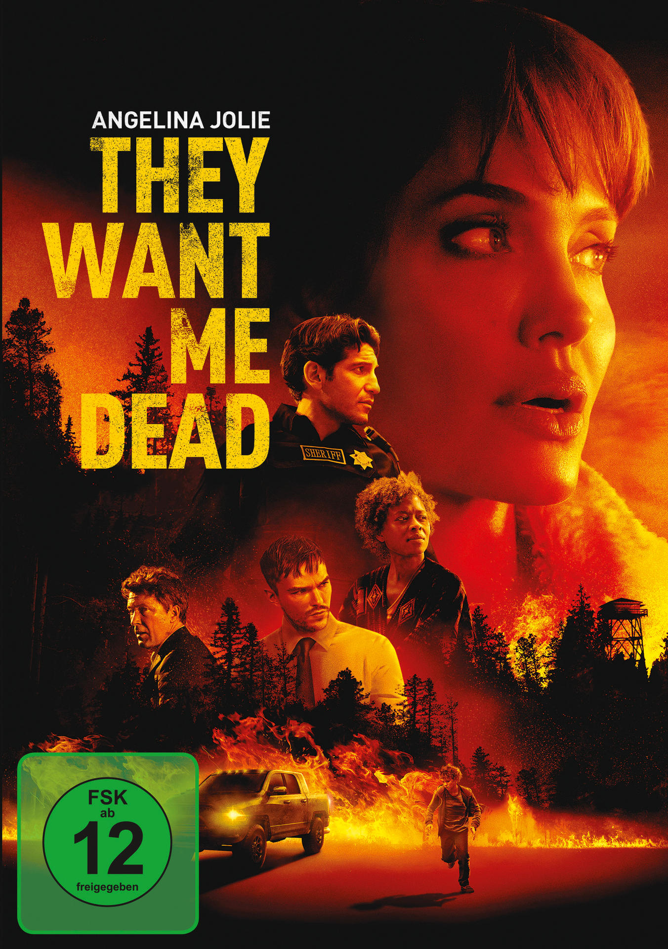 Filmposter für 'They Want Me Dead' mit Angelina Jolie. Dunkler, feuriger Hintergrund.