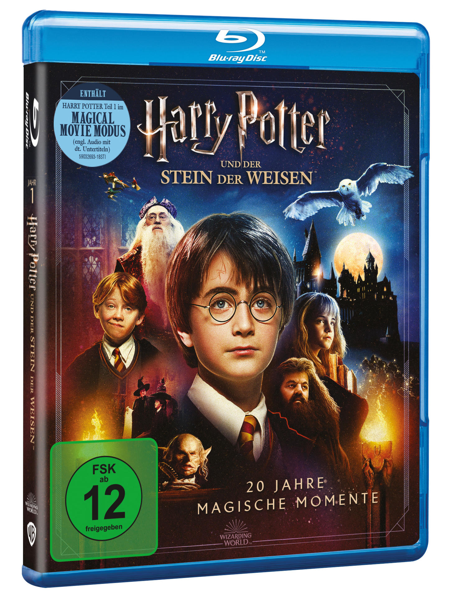Eine blaue Blu-ray-Hülle für Harry Potter und der Stein der Weisen, mit Filmkunst und Text.