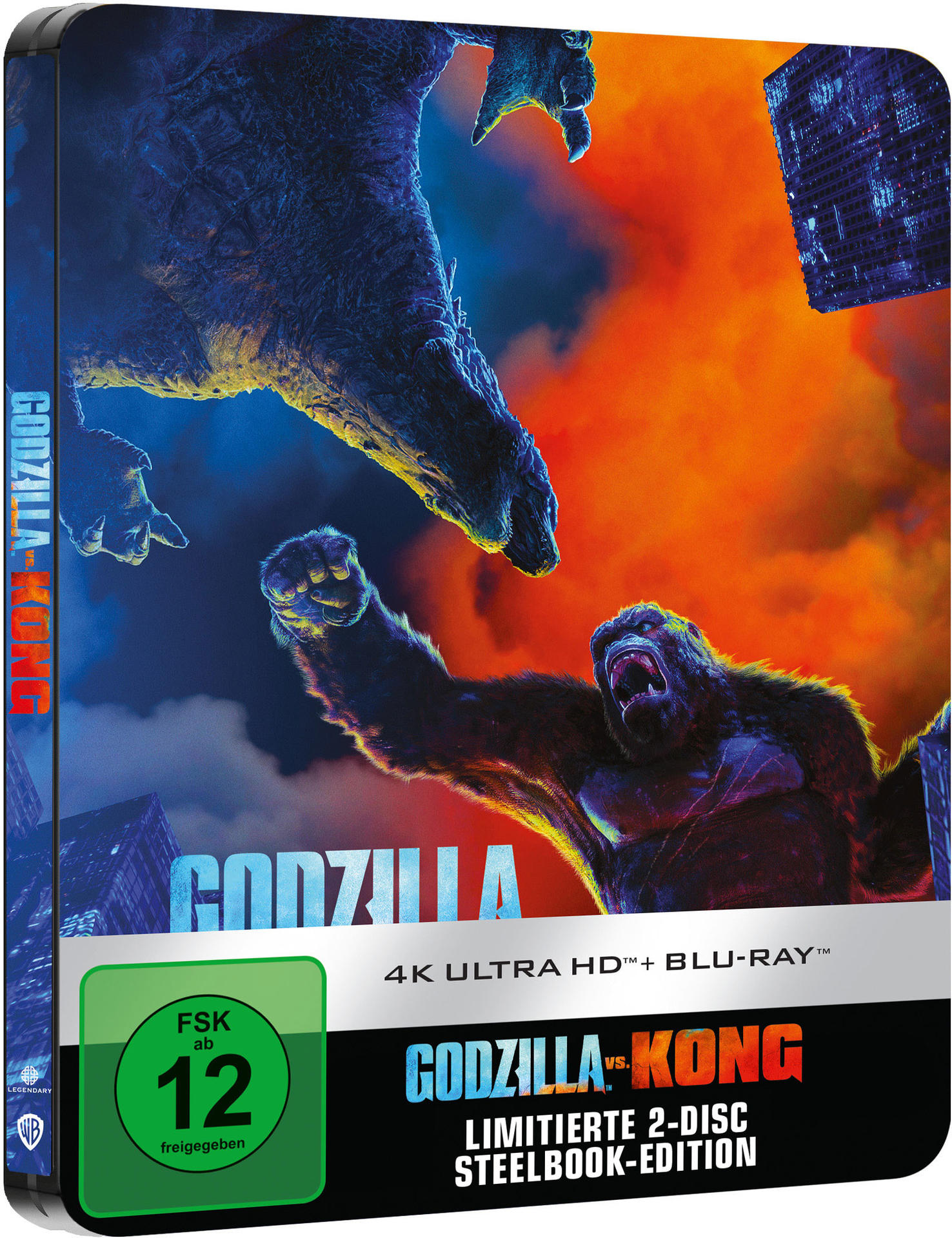 Godzilla vs. Kong Blu-ray-Cover mit einer Monsterszene und einem grünen Aufkleber mit einer Bewertung.