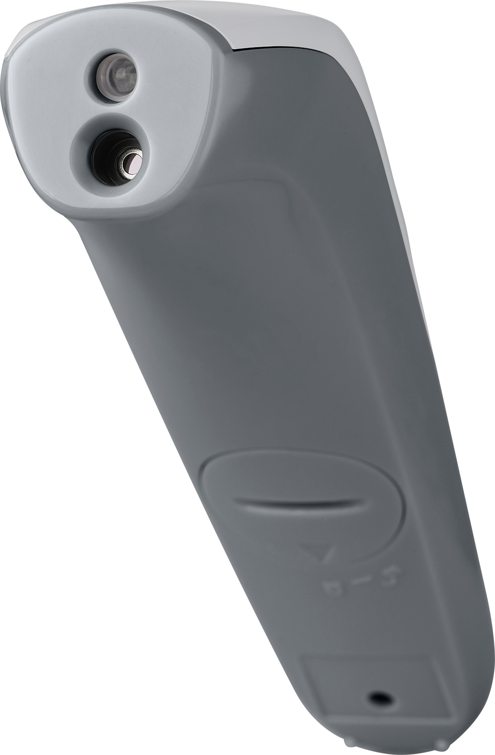 Een grijze infrarood thermometer met twee lenzen, een knop en een zwarte achtergrond.