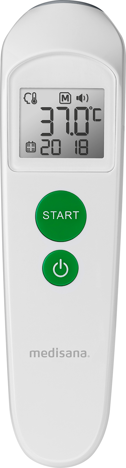 Een witte digitale thermometer met een groene start- en aan/uit-knop.