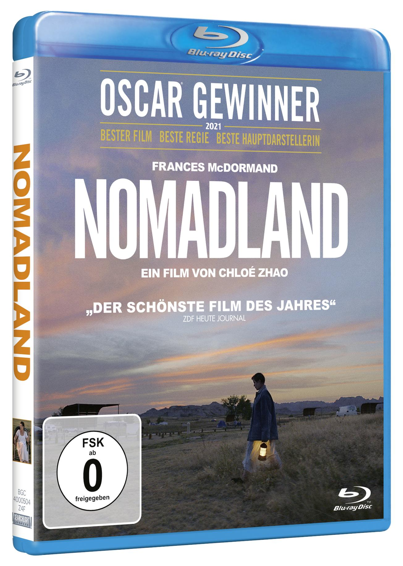 Eine blaue Blu-ray-Hülle für den Film Nomadland, mit Filmkunst und Text.
