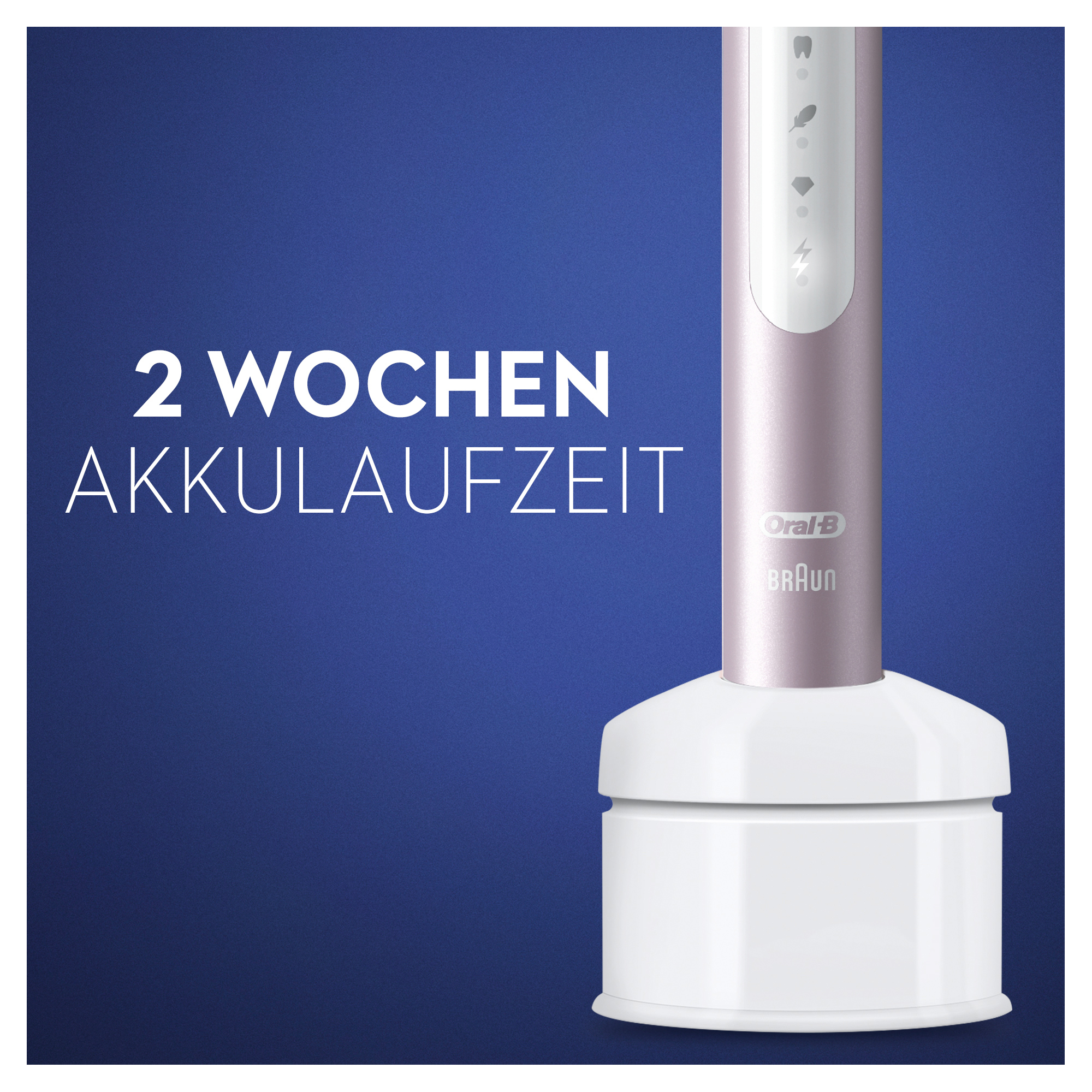 Elektrische Zahnbürste auf Ladestation. Text: '2 Wochen Akkulaufzeit'.