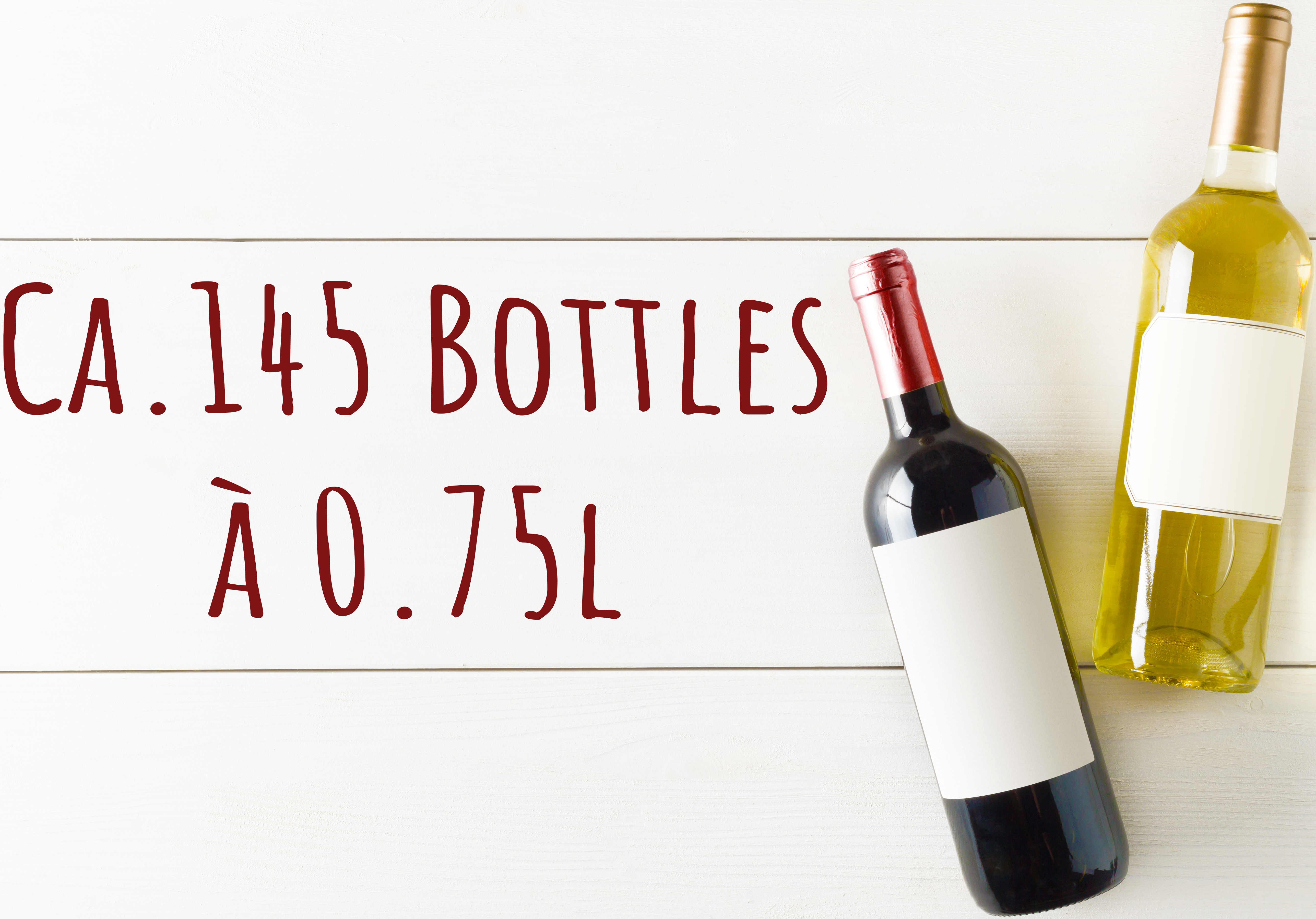 Due bottiglie di vino, una rossa e una bianca, con testo: CA. 145 BOTTIGLIE DA 0.75L.