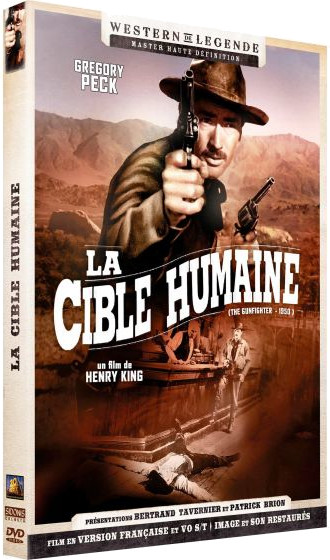 DVD-cover voor de film 'La Cible Humaine'. Toont Gregory Peck met een pistool, woestijnscène.