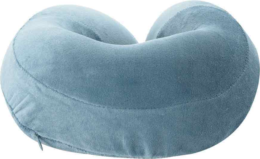 Cuscino da viaggio a forma di U azzurro, in materiale morbido con cerniera.