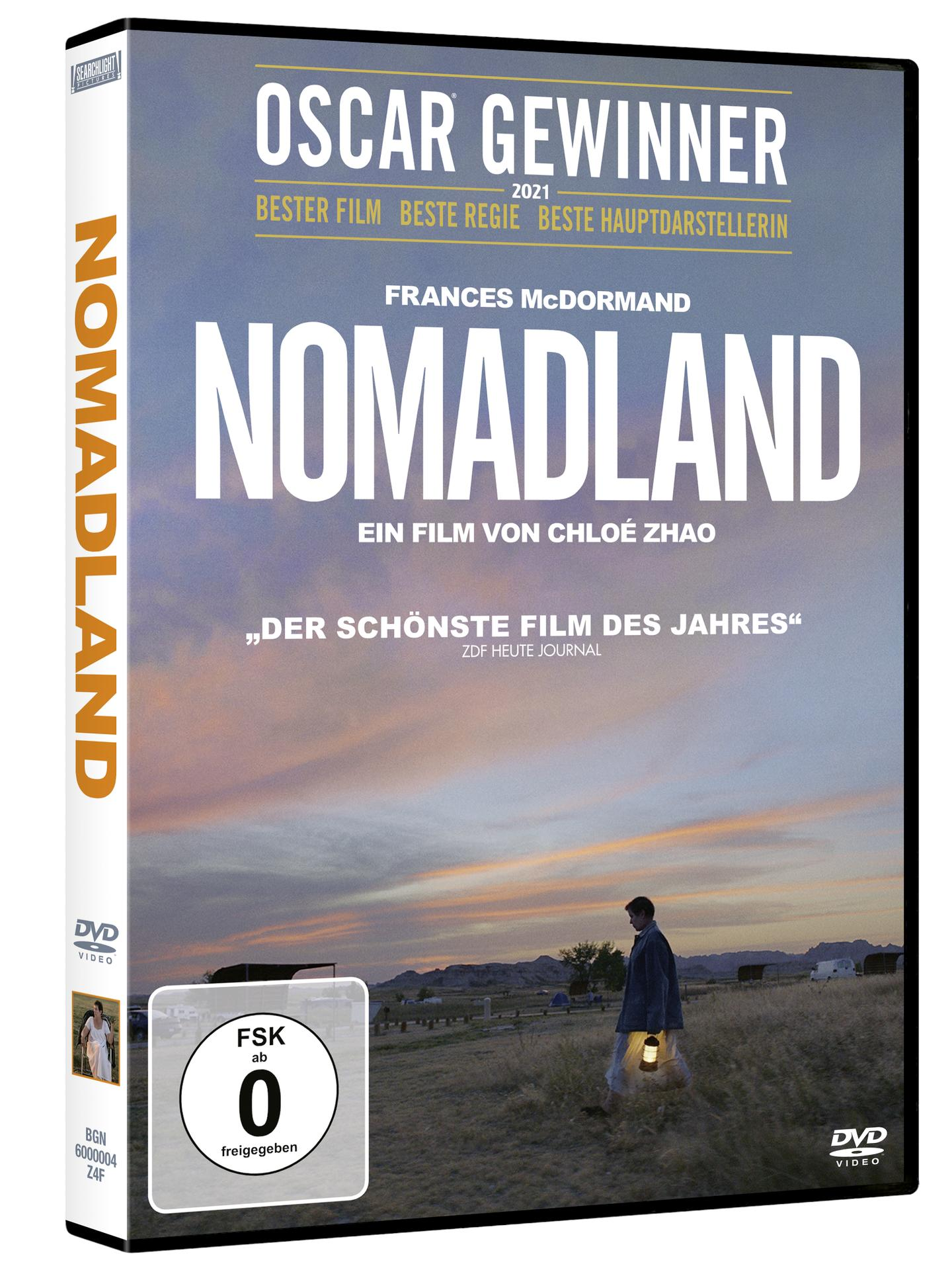 DVD-Cover für 'Nomadland', mit einer Frau mit einer Laterne.
