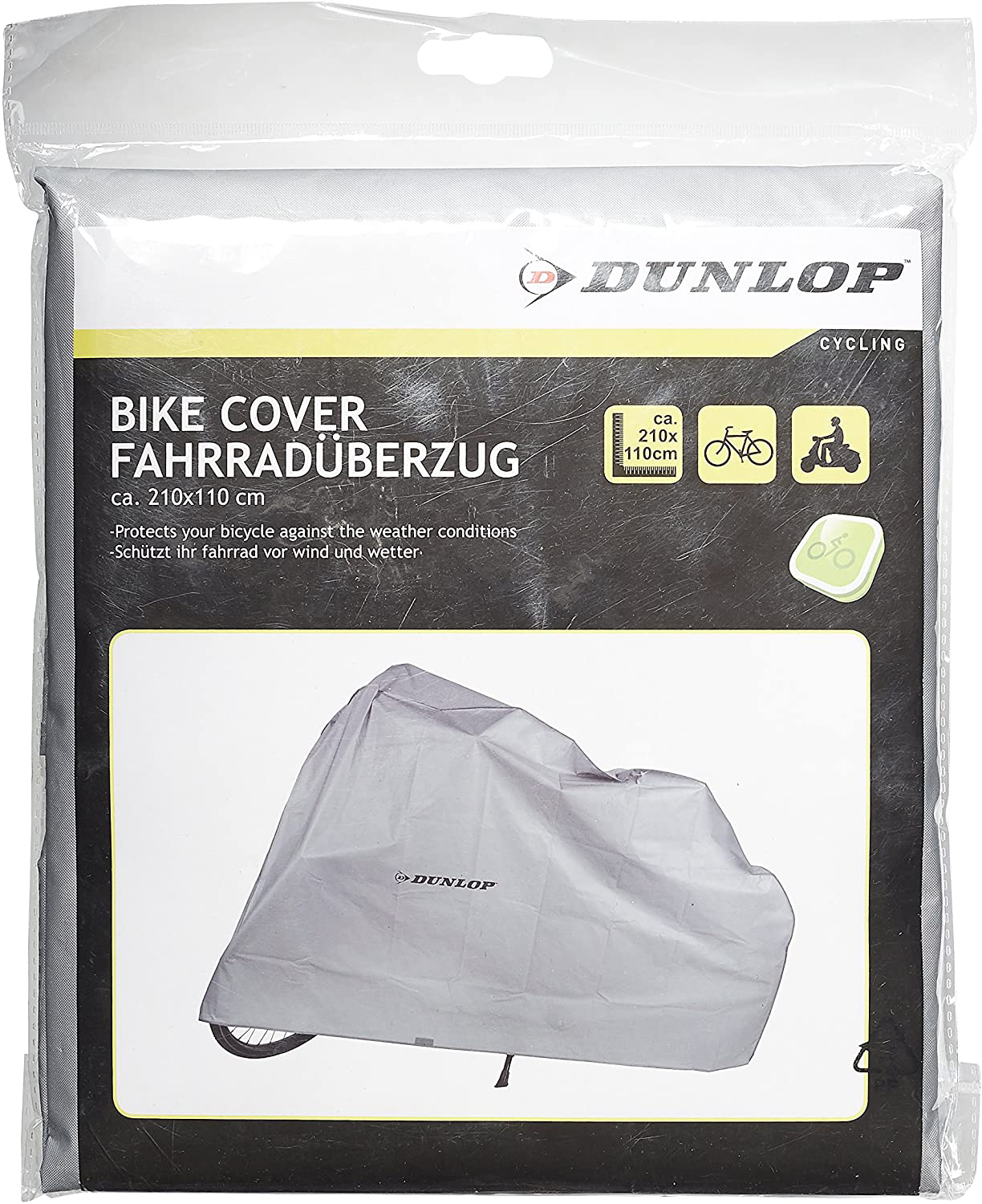 Kerékpár takaró műanyag zacskóban. Egy szürke takarót mutat a DUNLOP felirattal és egy kerékpár illusztrációval.