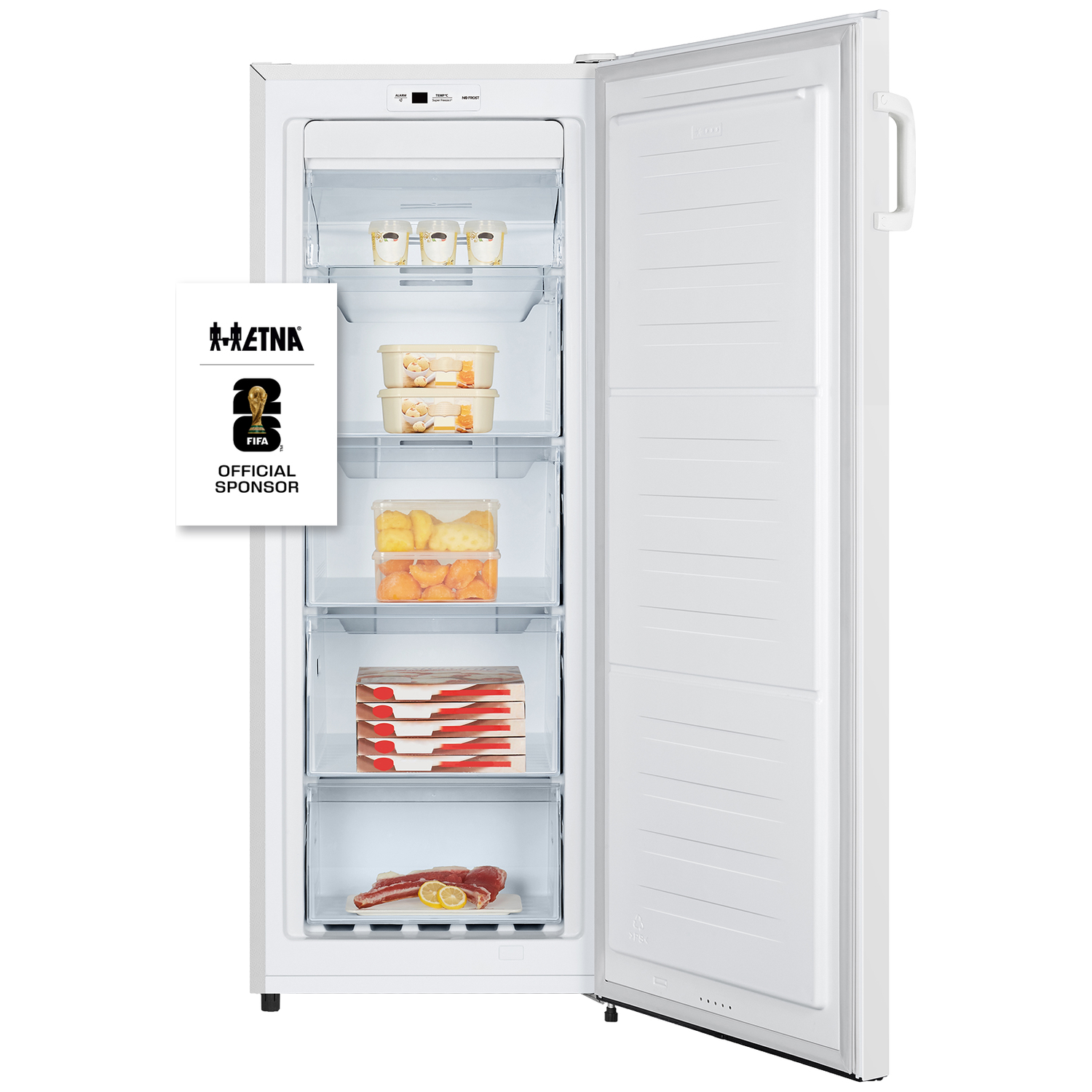 An open white freezer stocked with food: yogurt, ice cream, fruit, meat, and pizzas.