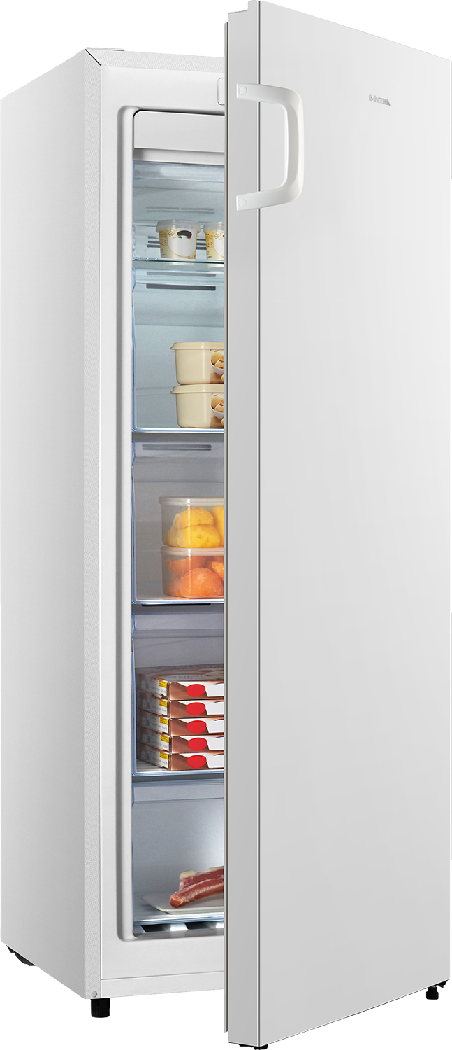An open, white freezer with shelves and drawers filled with frozen food items.