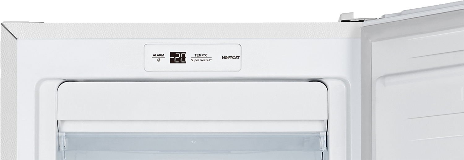Close-up of a white freezer interior with a digital display showing -20°C and 'Super Freezer'.