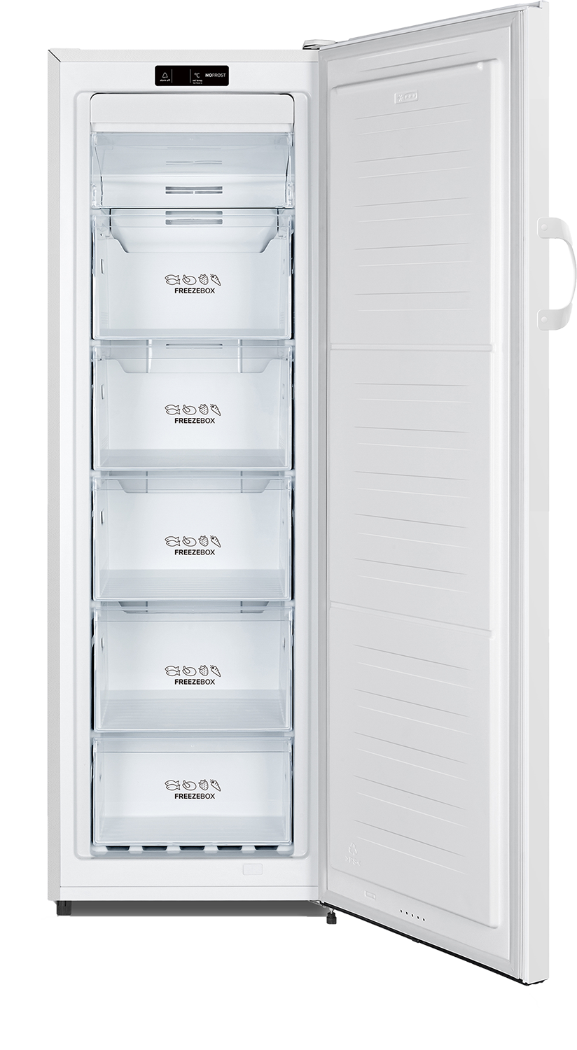 Open witte vriezer met meerdere transparante laden.