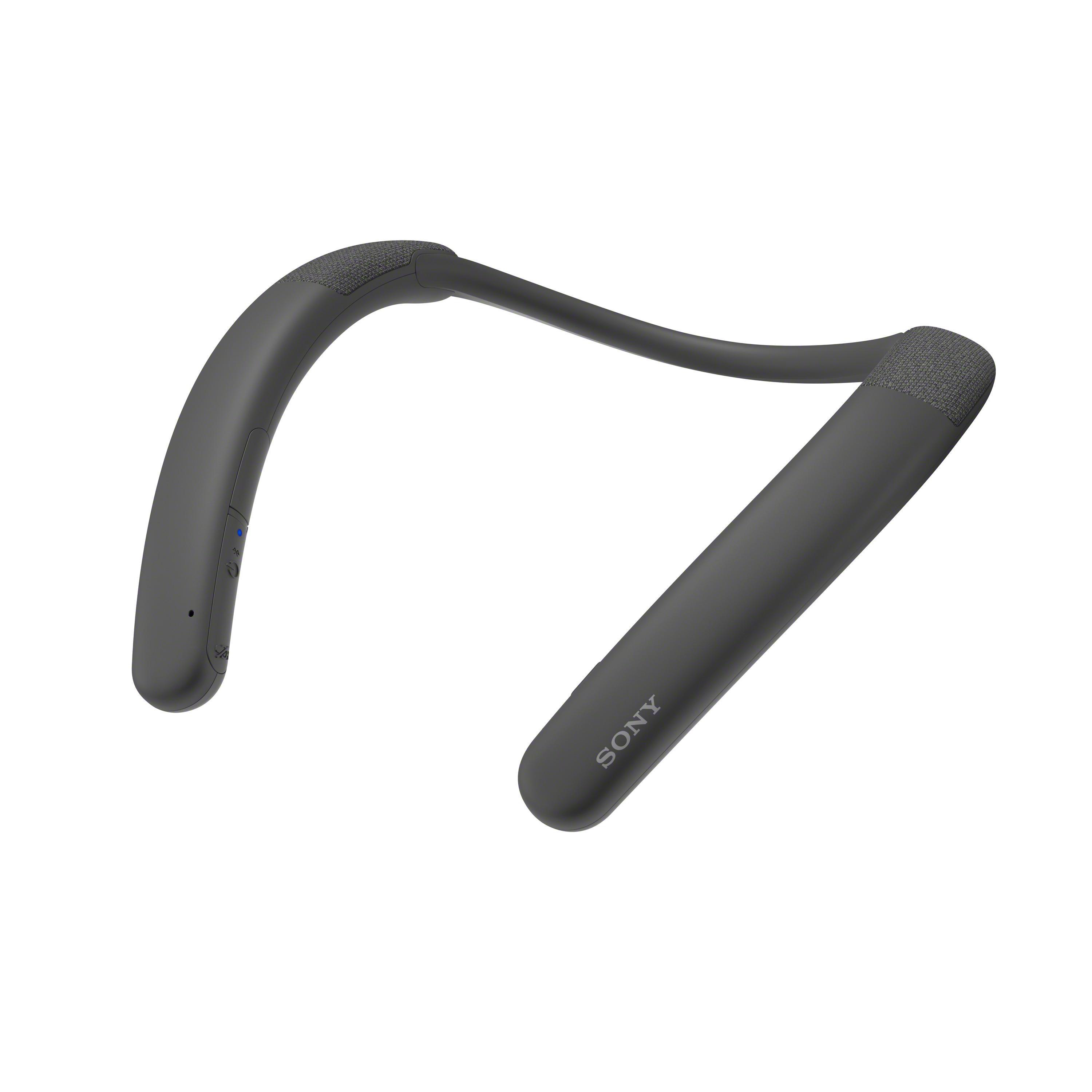 Schwarzes, graues Sony Nackenband. Es liegt auf einer weißen Oberfläche.