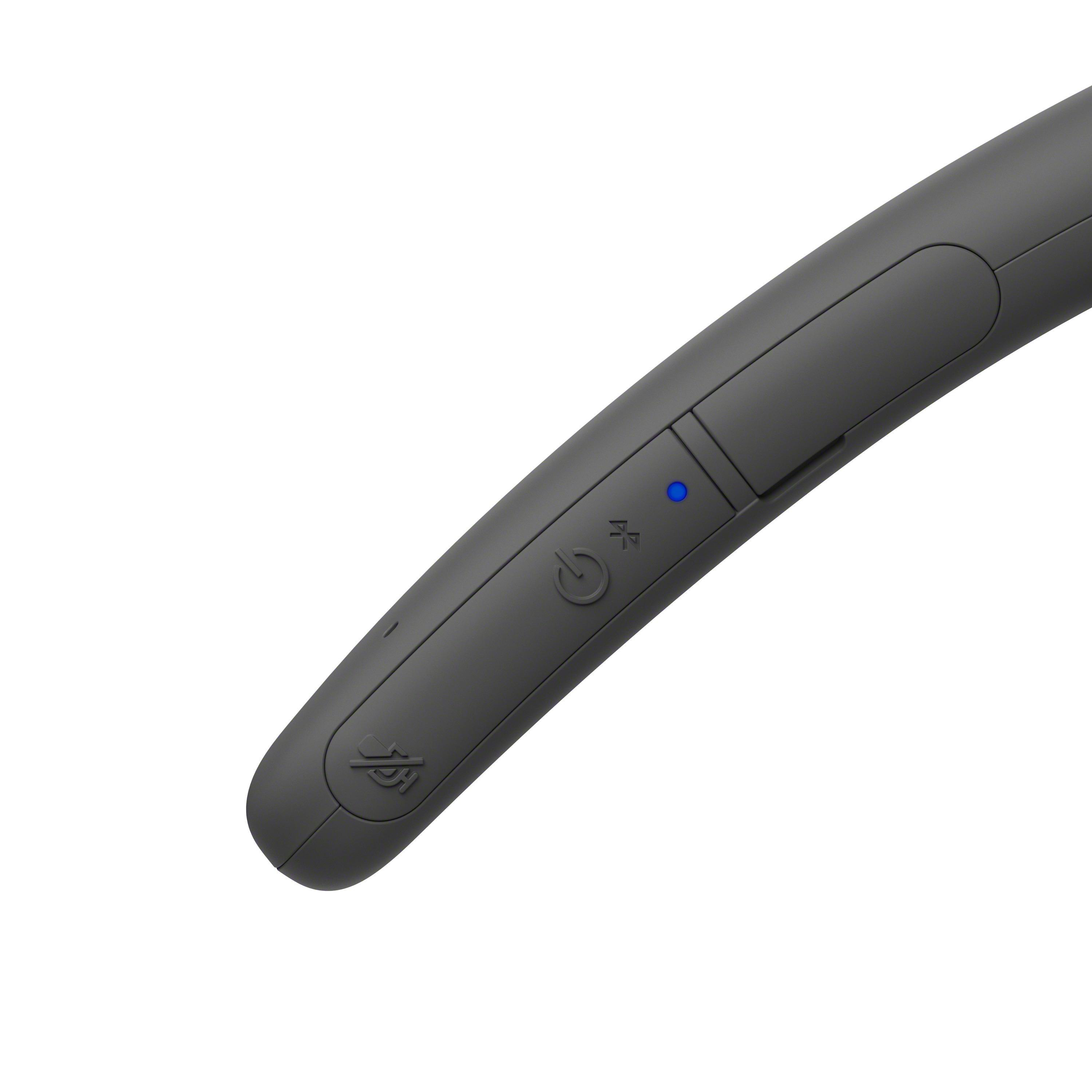 Nahaufnahme eines schwarzen Nackenband-Wireless-Kopfhörers mit Power- und Bluetooth-Tasten.