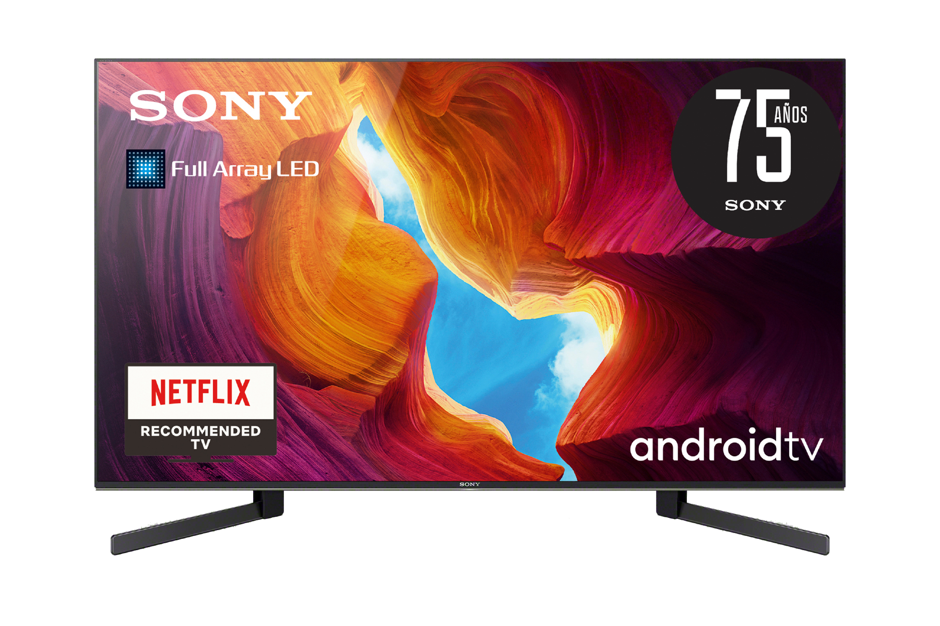 Un televisor Sony, marco negro, con una pantalla colorida que muestra una puesta de sol.