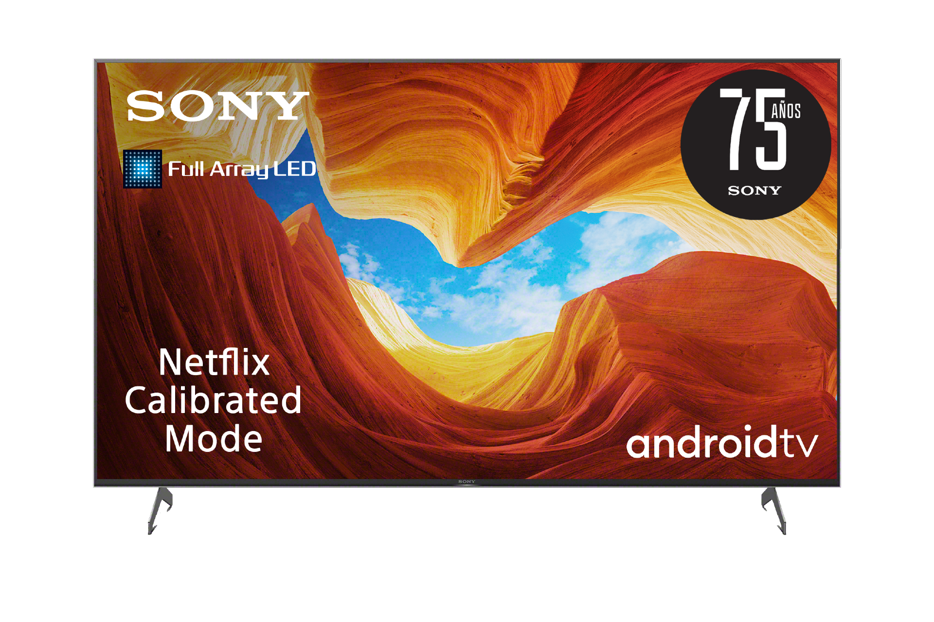 TV Sony mostrando formaciones rocosas amarillas y naranjas con texto y logos.