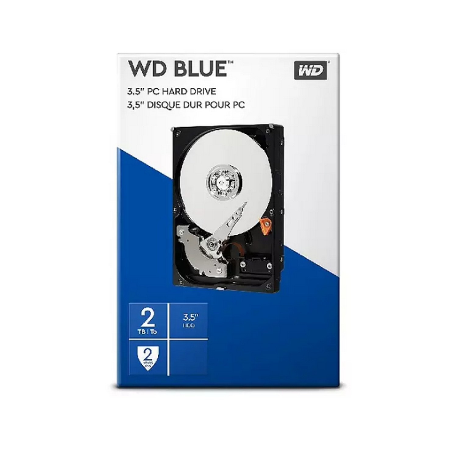 Una caja de disco duro WD Blue, que muestra el disco en su interior. Sobre fondo blanco.