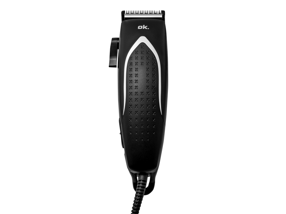 Una cortadora de pelo negra con un diseño blanco y plateado. Está sobre un fondo negro.