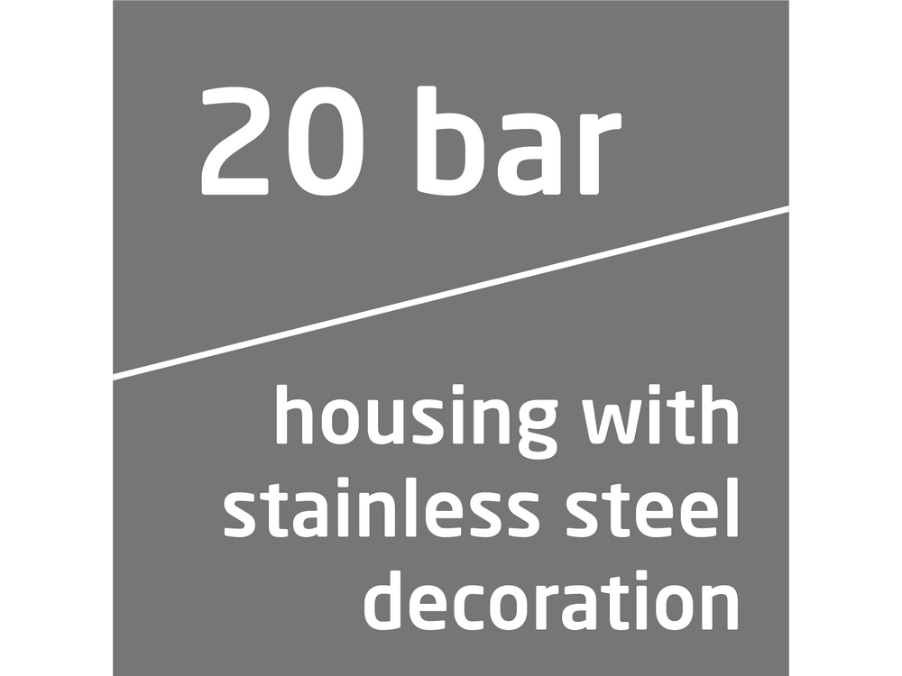 Fondo gris con texto blanco que dice '20 bar' y 'carcasa con decoración de acero inoxidable'.