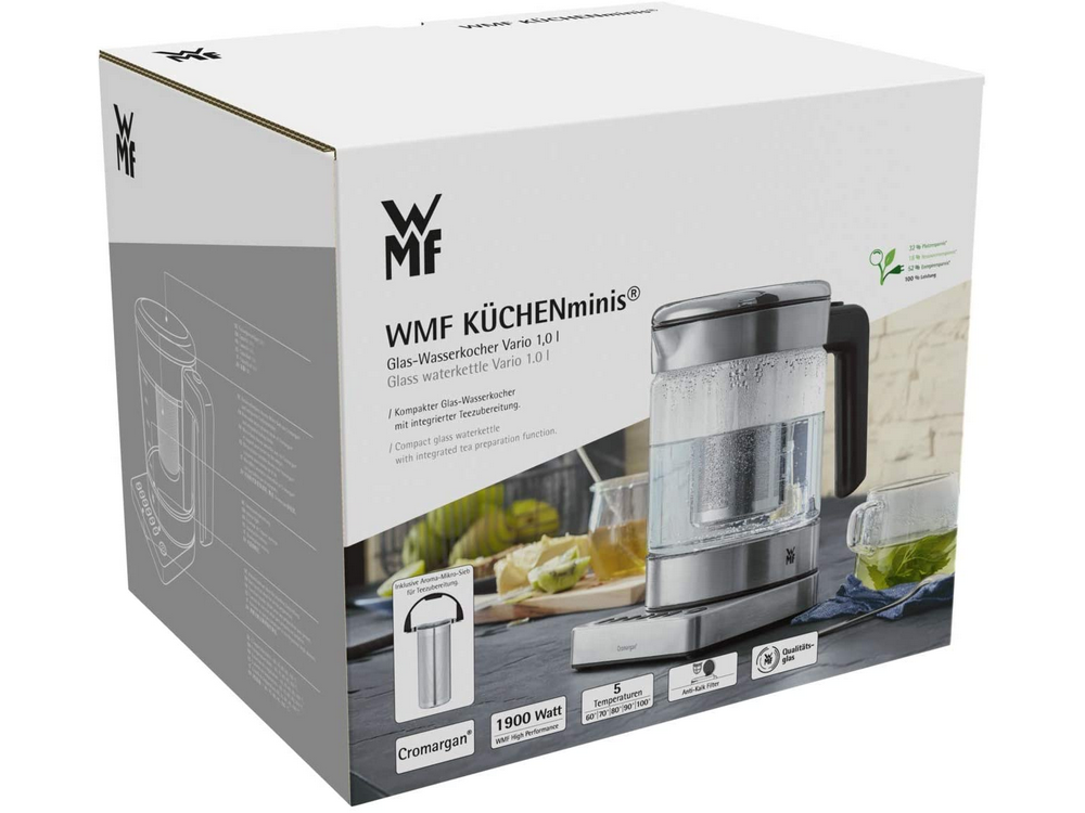 Hervidor de agua de vidrio WMF KÜCHENminis en caja. Embalaje muestra imagen y detalles del producto.