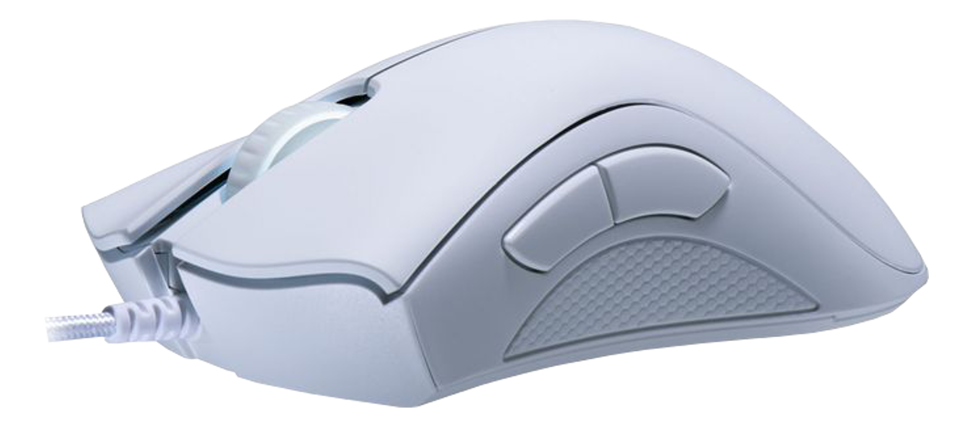 Weiße Razer Gaming-Maus mit Seitentasten und Scrollrad, auf schwarzem Hintergrund.