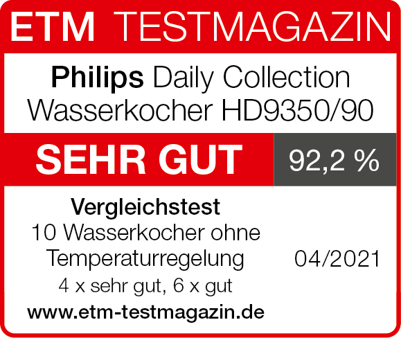 Ein rotes und weißes Etikett für einen Philips Wasserkocher. Es enthält Text und eine Bewertung von 92,2 %.