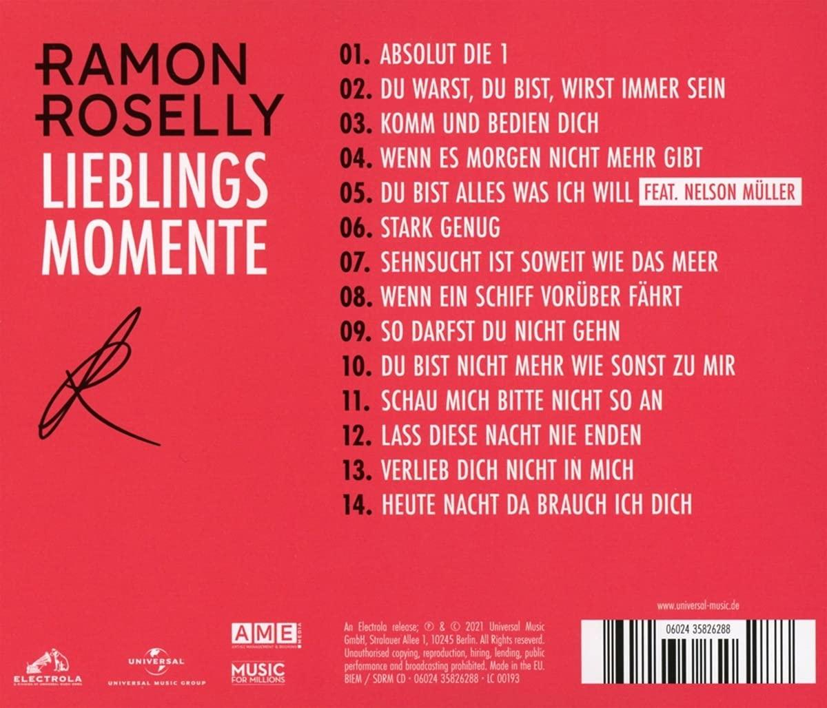 Albumcover mit rotem Hintergrund. Der Künstler ist Ramon Roselly, der Albumtitel ist „Lieblingsmomente“.