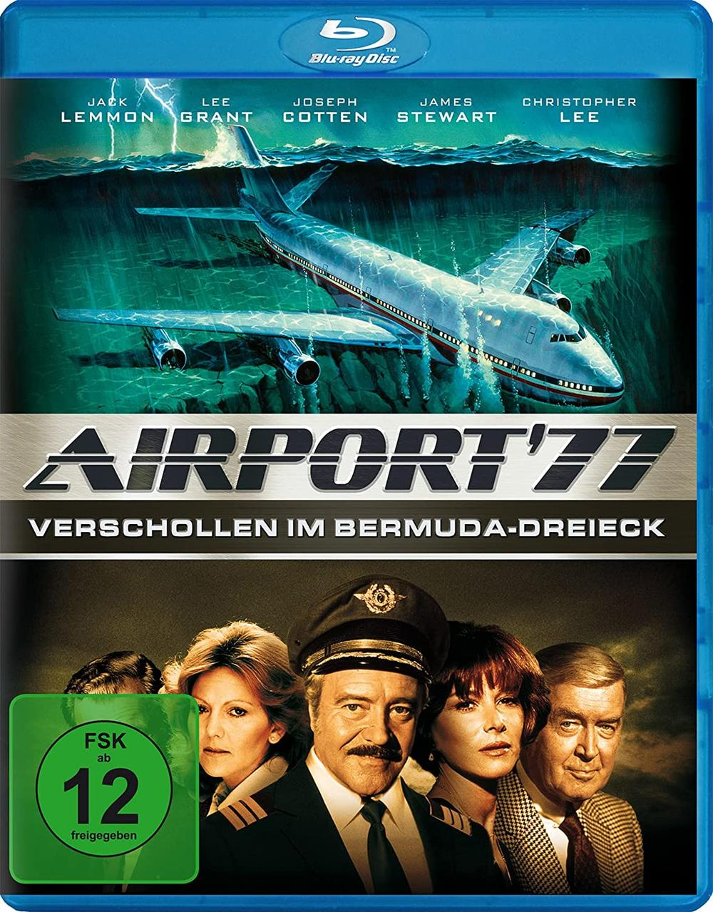 Filmcover: Airport '77. Flugzeug unter Wasser, Schauspieler unten. Blaue und schwarze Farben.