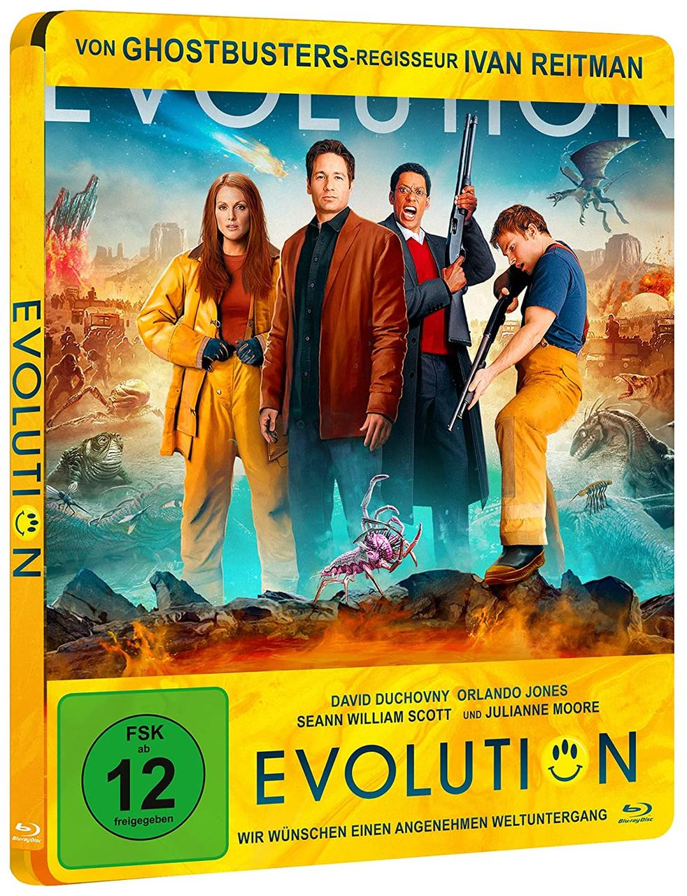 Filmcover von „Evolution“. Zeigt Schauspieler, Charaktere und den Filmtitel vor feurigem Hintergrund.