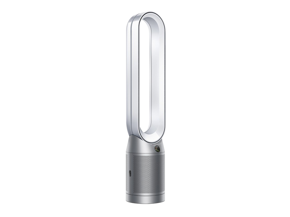 Un ventilador sin aspas Dyson plateado y blanco. Tiene un diseño alto en forma de bucle con una base cilíndrica.