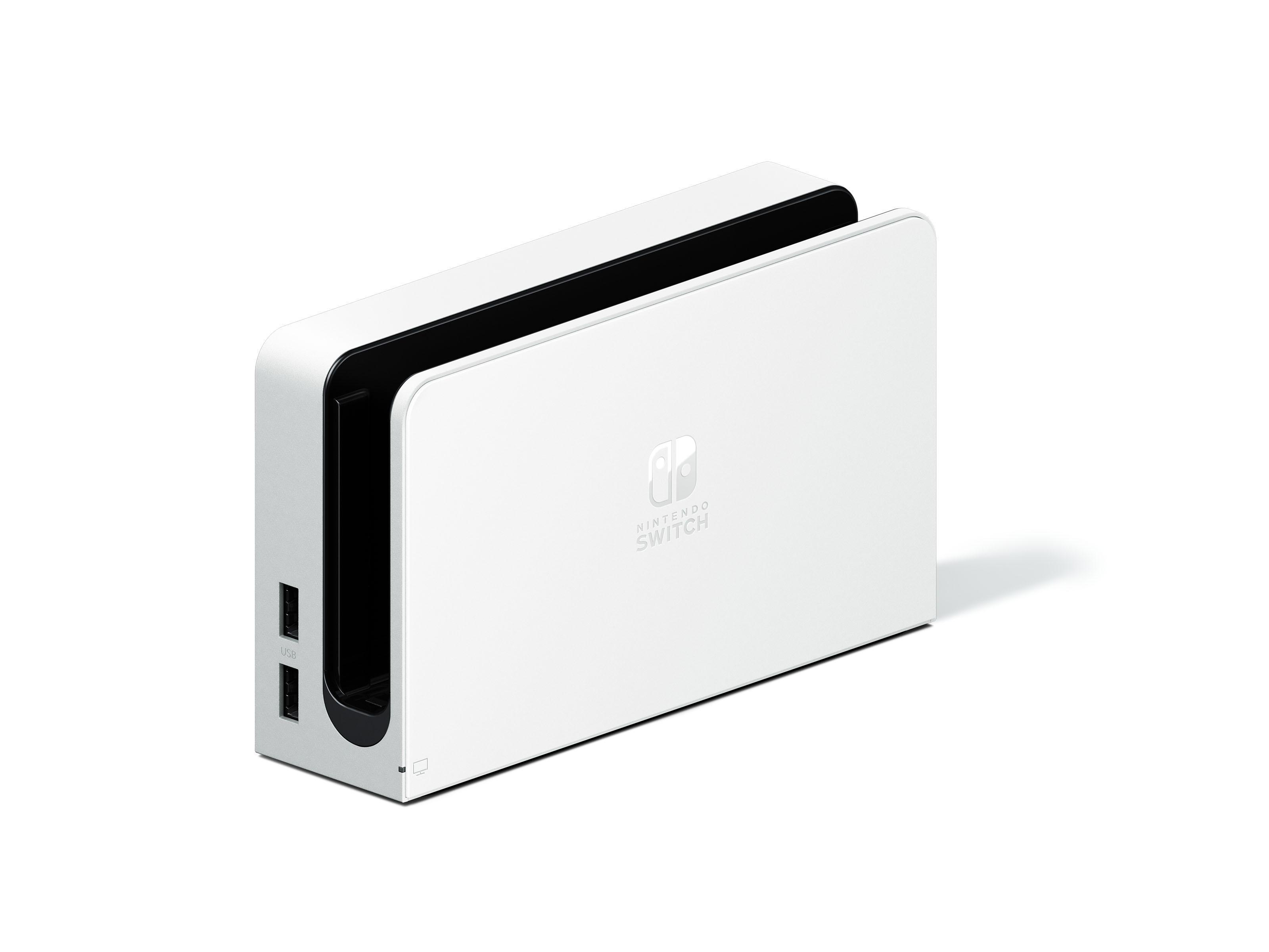 Weißes Nintendo Switch Dock mit schwarzem Innenraum, Logo vorne. Anschlüsse seitlich.