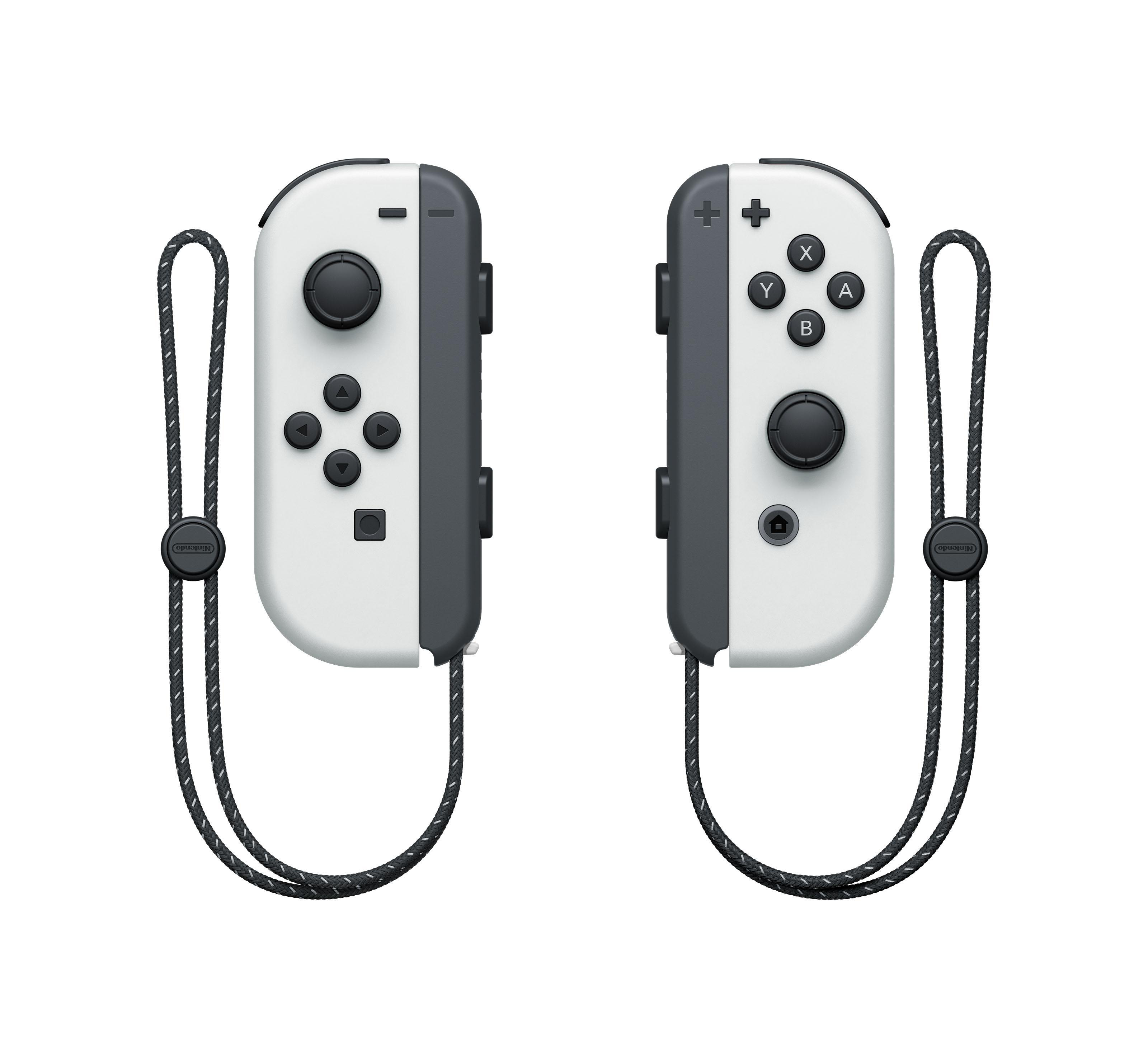Zwei weiße und graue Nintendo Switch-Controller mit Handschlaufen.