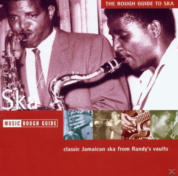 Album borító: két férfi szaxofonnal, "The Rough Guide to Ska" címmel, piros háttérrel.