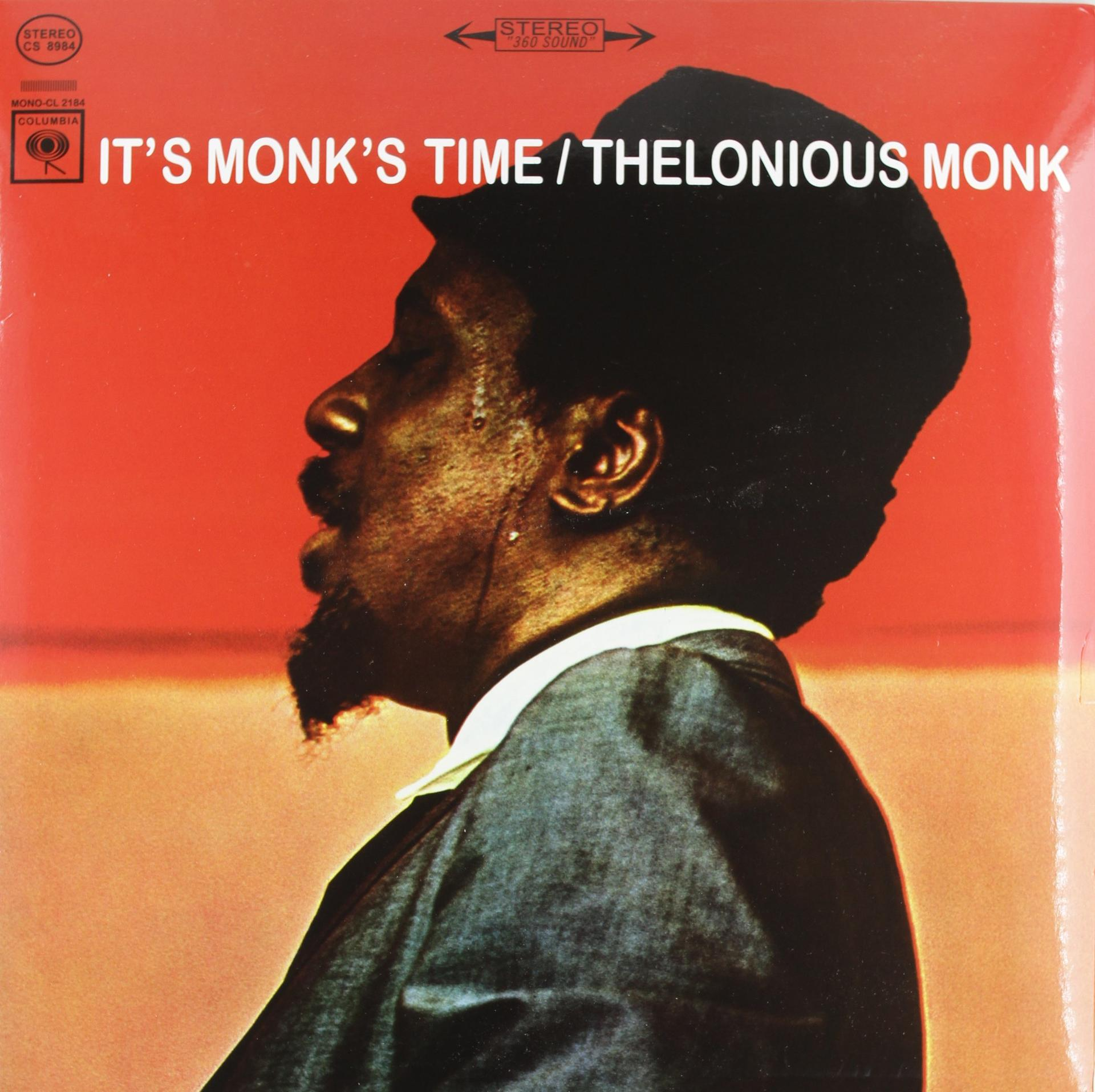 Thelonious Monk album borítója profilban, piros háttér, szöveg: IT'S MONK'S TIME. Vintage album.
