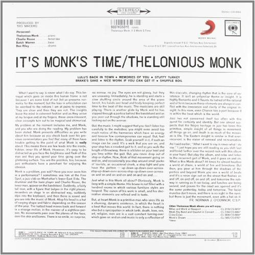 Album borító: fehér háttér 'It's Monk's Time' szöveggel, album részletekkel és logóval.