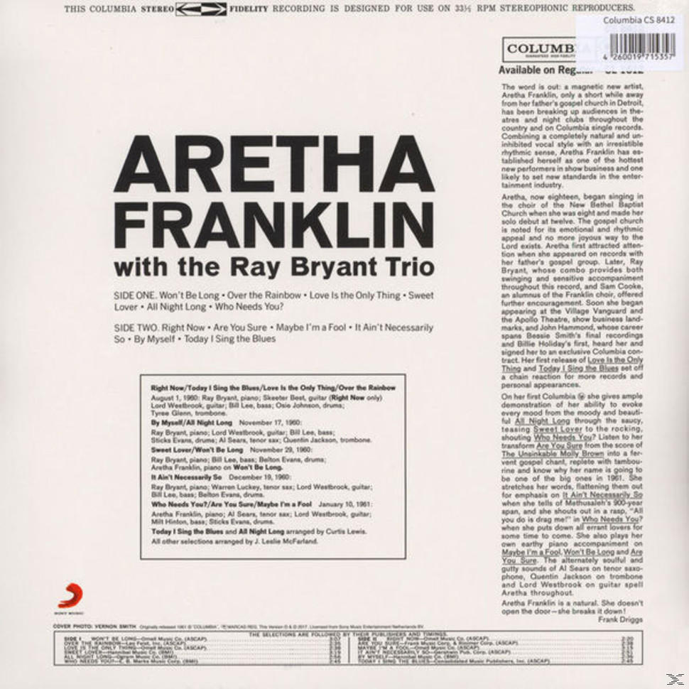 Aretha Franklin 'With the Ray Bryant Trio' című albumjának borítója szöveggel és képpel.