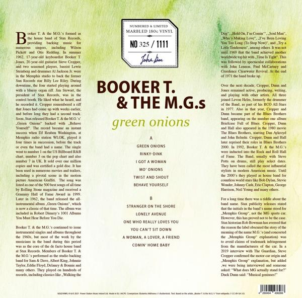Ein Schallplattencover mit dem Titel 'Booker T. & The M.G.s green onions'. Text in Schwarz und Weiß.