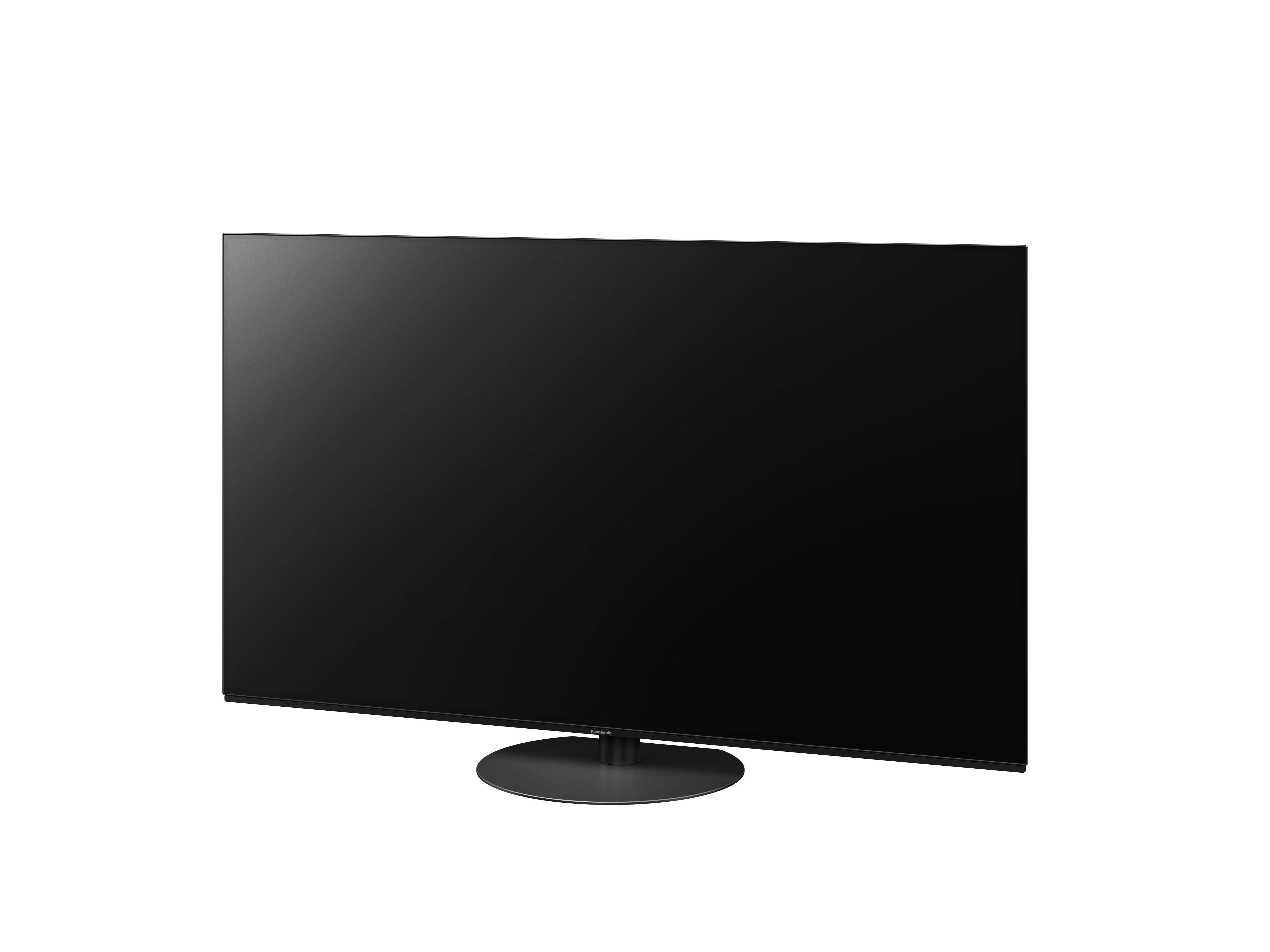 Schwarzer Panasonic Fernseher, ausgeschaltet, leicht nach rechts geneigt, auf weißem Hintergrund.